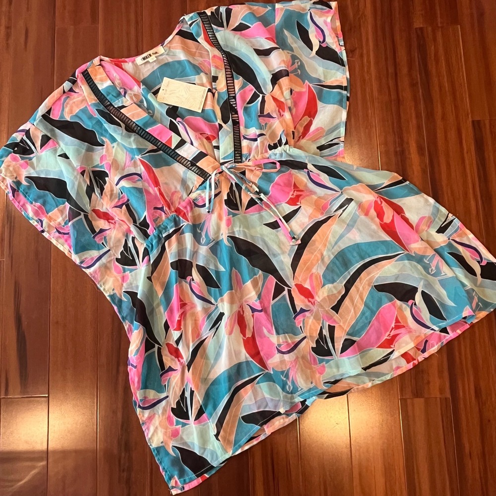 Miken Swim Coverup Dress Floral Pink Blue Multi‎ Chiffon Cover-Up New Size Small